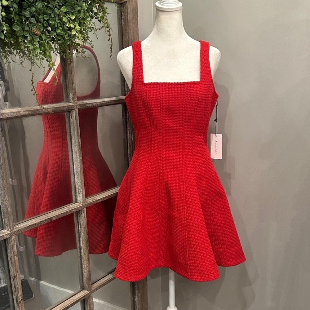 Line and Dot Woven Red Dress S